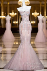 Pink Mermaid Strapless Tulle Diamond Long Semi Formal Prom Dress Sweet Wedding Dress Formal Dress